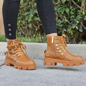 Womens Tan Combat Ankle Boots Lace Up Heeled